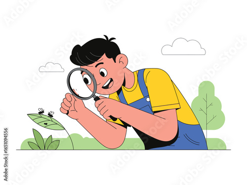 Curious Explorer: A young, excited individual uses a magnifying glass to observe a leaf and insects. Capturing moments of curiosity and learning.