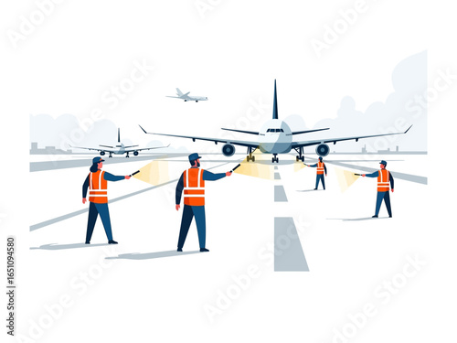 Air Traffic Guidance: A team of air traffic controllers guides airplanes on the tarmac at the airport. Depicting teamwork and precision in travel