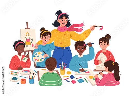 Creative Kids' Studio: A vibrant illustration captures a scene of artistic expression where children are immersed in art and learning.
