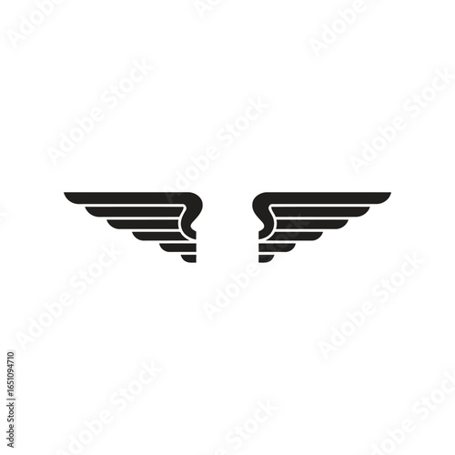 icon design   a simple, black and white graphic of two stylized wings, facing away from a central point. Each wing is composed of three horizontal lines or bands that represent feathers.