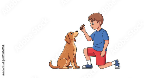 Boy Training Golden Retriever Puppy With Treat, Positive Reinforcement, Best Friend