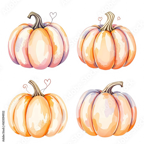 Set of colorful watercolor pumpkins