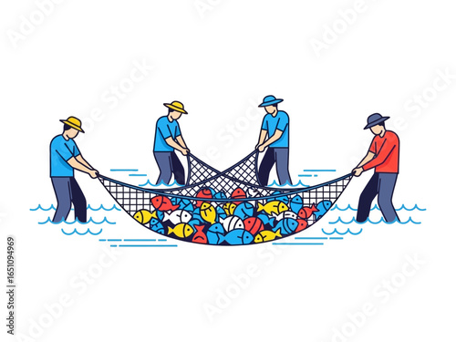 Fishermen Hauling in a Bounty: A vibrant illustration captures the cooperative spirit of fishermen working together to haul in a net brimming with colorful fish. The scene evokes themes of hard work.