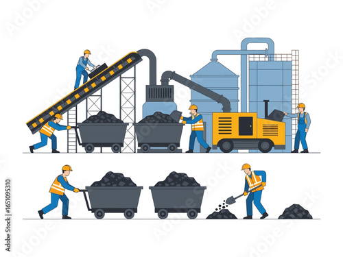 Coal Mining Illustration: An illustrative depiction of an industrial coal mining operation, showing a collection of workers managing various stages of a coal mining workflow.
