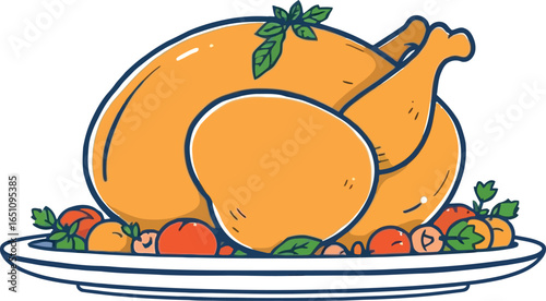 Roasted Turkey with Festive Garnishes: Cartoon Style Thanksgiving Illustration, roasted turkey, thanksgiving, thanksgiving dinner,cartoon, illustration, orange, white, green, red, festive, holiday