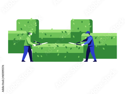 Greenery Harmony: Two professionals shape hedges into an eye-catching pattern in this stylized illustration, embodying precision, control, and teamwork within a serene environment.