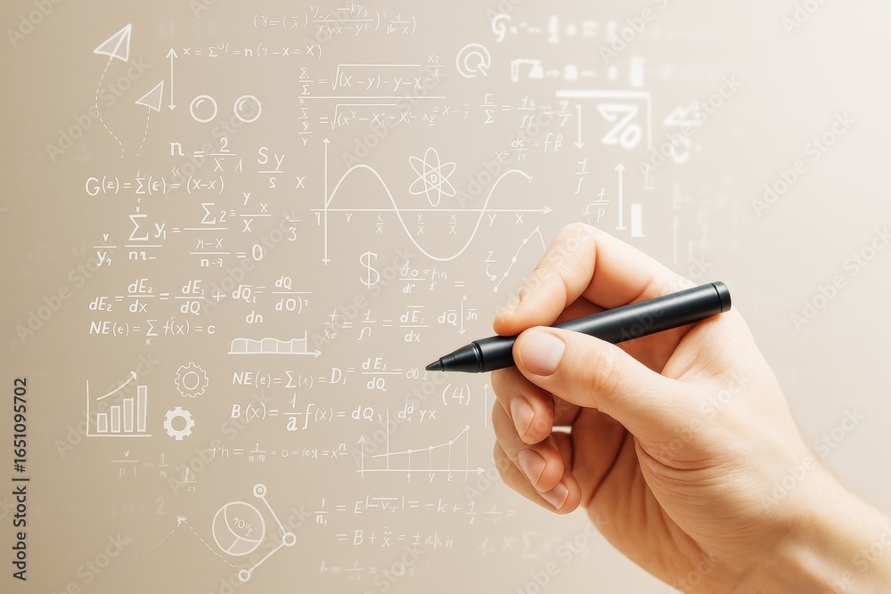 Hand holding pen drawing mathematical equations and scientific symbols on a light background in a creative science concept illustration. Hand holding pen drawing mathematical equations and scientific symbols on a light background in a creative science concept illustration.