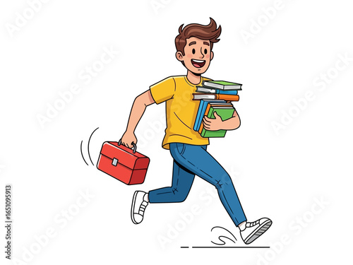Young man carrying books and briefcase: A young man eagerly rushes, carrying a stack of books and a briefcase, representing education, work, or a fast-paced lifestyle. 