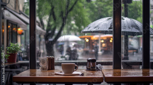 Cozy cafe table with cup of coffee sits by window, overlooking rainy street scene with blurred umbrellas and greenery outside. atmosphere is calm and inviting