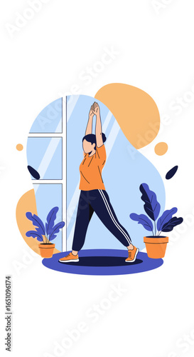 Woman stretching arms up inside near window with plants