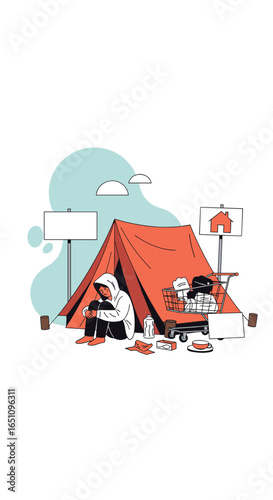 Person in tent homeless shelter outdoors urban environment social issues