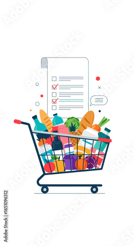 Grocery shopping cart filled with food items and checklist on paper document