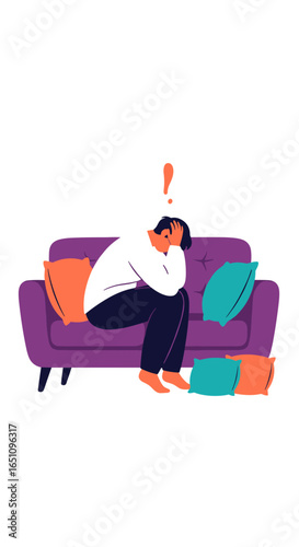 Man sitting alone on sofa feeling stressed and overwhelmed surrounded by pillows