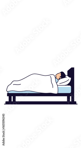 Man sleeping peacefully in a comfortable bed covered with a white duvet