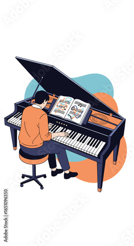 Man sitting on a stool playing a grand piano with sheet music open