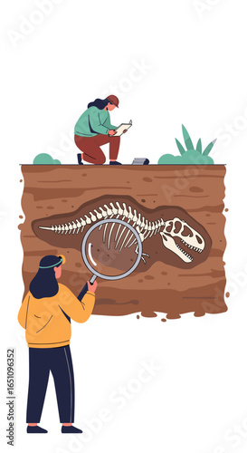Paleontologists discover dinosaur skeleton excavation site through magnifying glass