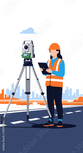 Surveyor using total station equipment for land measurement on construction site with city background