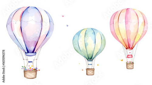 Striped colorful hot air balloons vector illustrations set. Transport for traveling on air isolated on white background. Transportation, relaxation, adventure concept