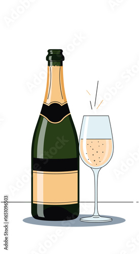 Celebration champagne bottle and glass filled with bubbly sparkling wine