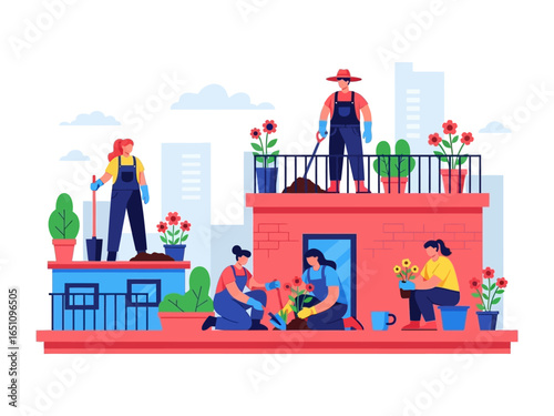Urban Garden Collective: A group of diverse individuals collaborate on urban gardening, cultivating vibrant plants and flowers on rooftop spaces with a touch of eco-consciousness. 