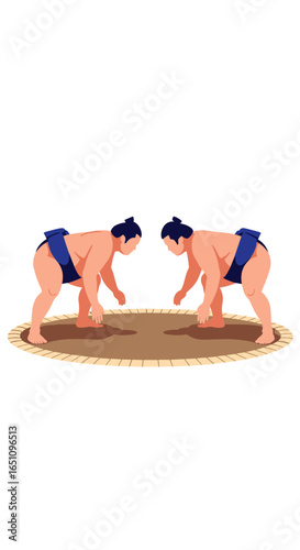Two sumo wrestlers preparing for a traditional japanese combat match