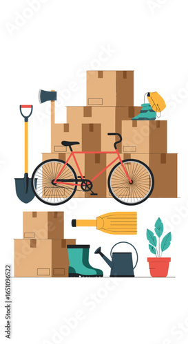 Moving day items bicycle boxes garden tools and appliances for relocation