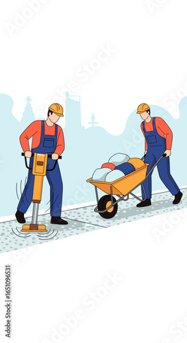 Construction workers operate heavy equipment and transport materials on building site