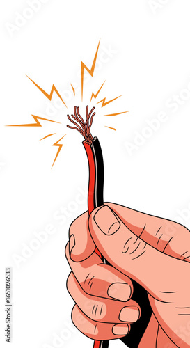 Hand holding exposed wires with sparks danger electricity shock hazard electrical danger