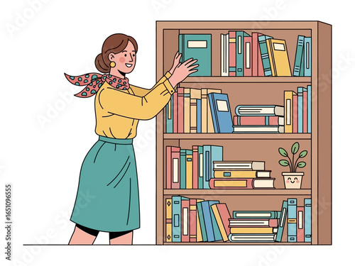 Reading Corner of Imagination: A person carefully organizes colorful books on a wooden bookcase, creating an inviting scene for bibliophiles and lifelong learners.