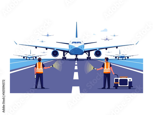 Airport Ground Crew Guiding Aircraft: A precise and well-coordinated scene depicts the critical work of the airport ground crew.