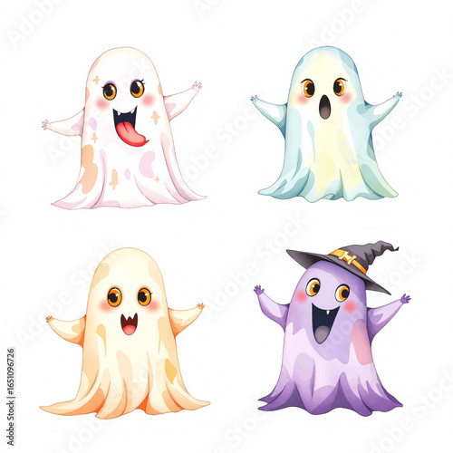 Halloween watercolor, A Set ghost halloween watercolor painting.