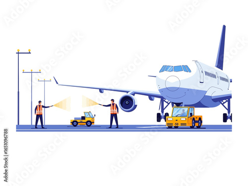 Aircraft Ground Crew in Action: Airport staff directing an aircraft with signal wands and specialized vehicles on a vibrant, sunny day. A detailed illustration of the aviation industry.