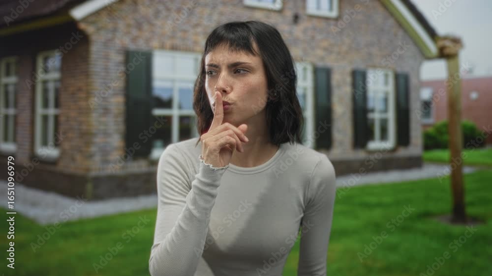 Young hispanic woman raises finger to lips for silence at building entrance outdoors with neutral gaze; secrecy.