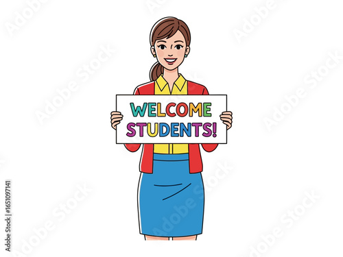 A Welcoming Message for Students: An inviting cartoon presents a woman holding a sign that reads WELCOME STUDENTS!, conveying the essence of educational spirit and hospitality.