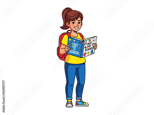 Back to school with book: A young girl, full of anticipation and enthusiasm, eagerly prepares for her first day of school, clutching a vibrant book.