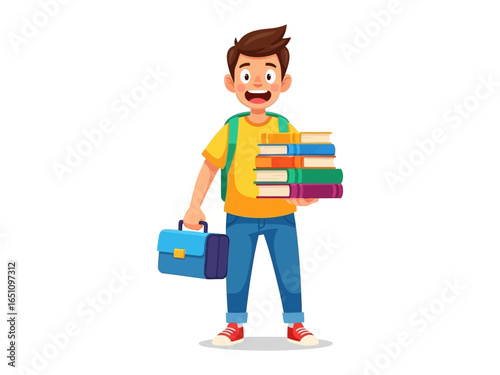 Student with Books and Briefcase: A cheerful student carries a stack of colorful books in one hand and a briefcase in the other, smiling with anticipation for the day's lessons.