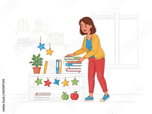 Books and Home: A joyful woman finds delight in organizing her cherished book collection, carefully placing them on a shelf at home. A scene exuding the warmth of home, the tranquility of reading.