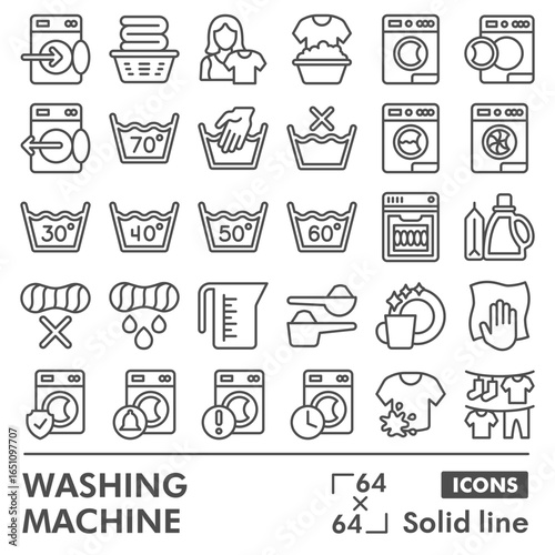 Washing machine symbols collection or sketches, washer theme with line style signs for web and app. Vector graphics isolated on white background.