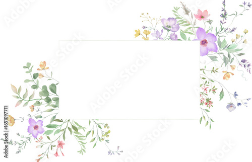 Watercolor frame with  wildflowers, eucalypt leaves, lavender, herbs. Hand drawn floral illustration. Vector EPS.