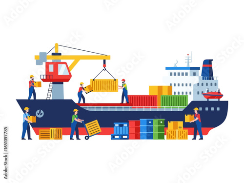 International Shipping: An illustration of the bustling activity on a cargo ship, highlighting the logistics of global trade, container loading, and the movement of goods.