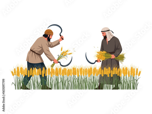Harvesting Wheat: Two figures meticulously gather golden wheat crops with sickles, a tableau capturing the essence of traditional agrarian life and the bounty of the harvest.