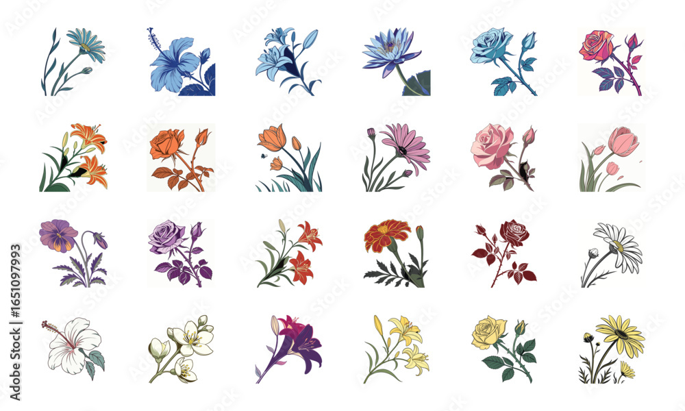 Fototapeta premium Beautiful Collection of 24 Colorful Hand-Drawn Floral Illustrations Featuring Roses, Tulips, Daisies, Lilies, Hibiscus, Marigolds, Orchids, Jasmine, and Pansies in Elegant Botanical Styles for Decorat