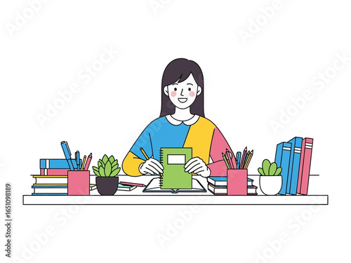 Study Time: A young woman sits at a neat desk, absorbed in her studies, surrounded by books and stationery, with a bright and inviting illustration style.