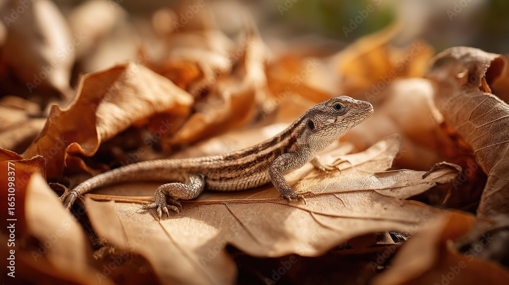 Naklejka premium A small lizard adorned with brown striped patterns resting on a bed of dry, curled leaves