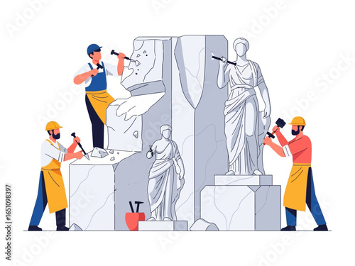 Sculpting the Masterpiece: Skilled artisans, equipped with chisels and hammers, meticulously carve and shape classical marble statues, embodying artistic excellence and timeless heritage.