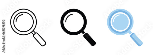 Three magnifying glass icons in different styles line art solid and blue glow