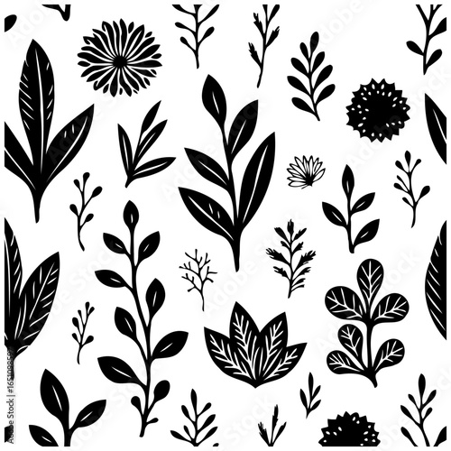 Black and white botanical pattern design with stylized floral elements creates a natural aesthetic wallpaper