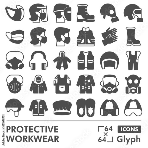 Protective workwear symbols collection or sketches, safe wear theme with glyph style signs for web and app. Vector graphics isolated on white background.