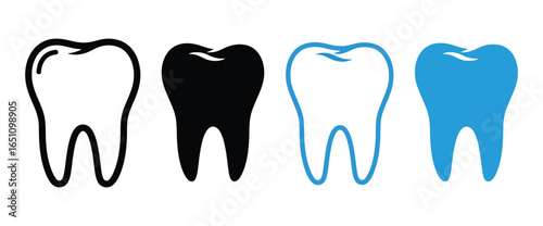 Four stylized teeth in black white and blue for dental care concepts