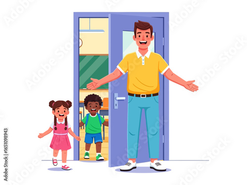 Welcoming Children with Open Arms: A caring teacher enthusiastically welcomes children at the classroom doorway, symbolizing education, warmth, and care. 